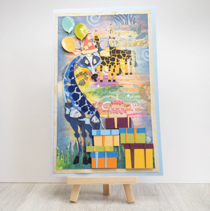 carte anniversaire multi couleur avec girafe