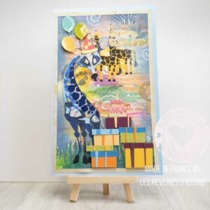 Carte d'anniversaire multicolore avec girafe