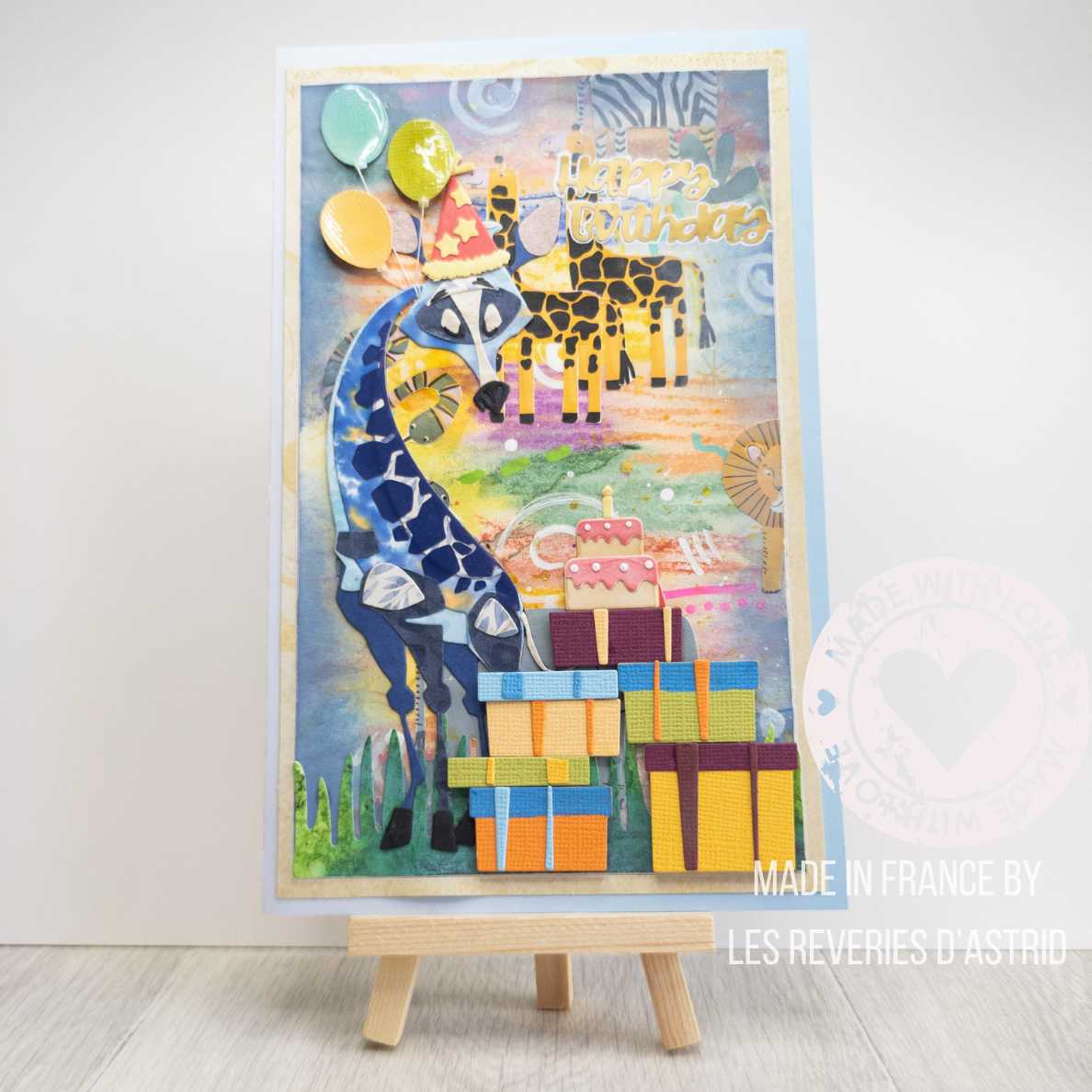 Carte d'anniversaire multicolore avec girafe